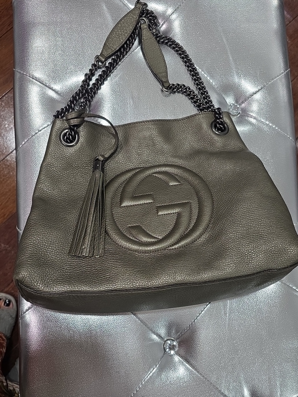 Gucci Dark Grey/Olive Pebbled Leather Shoulder Bag with Chain Strap and Tassel